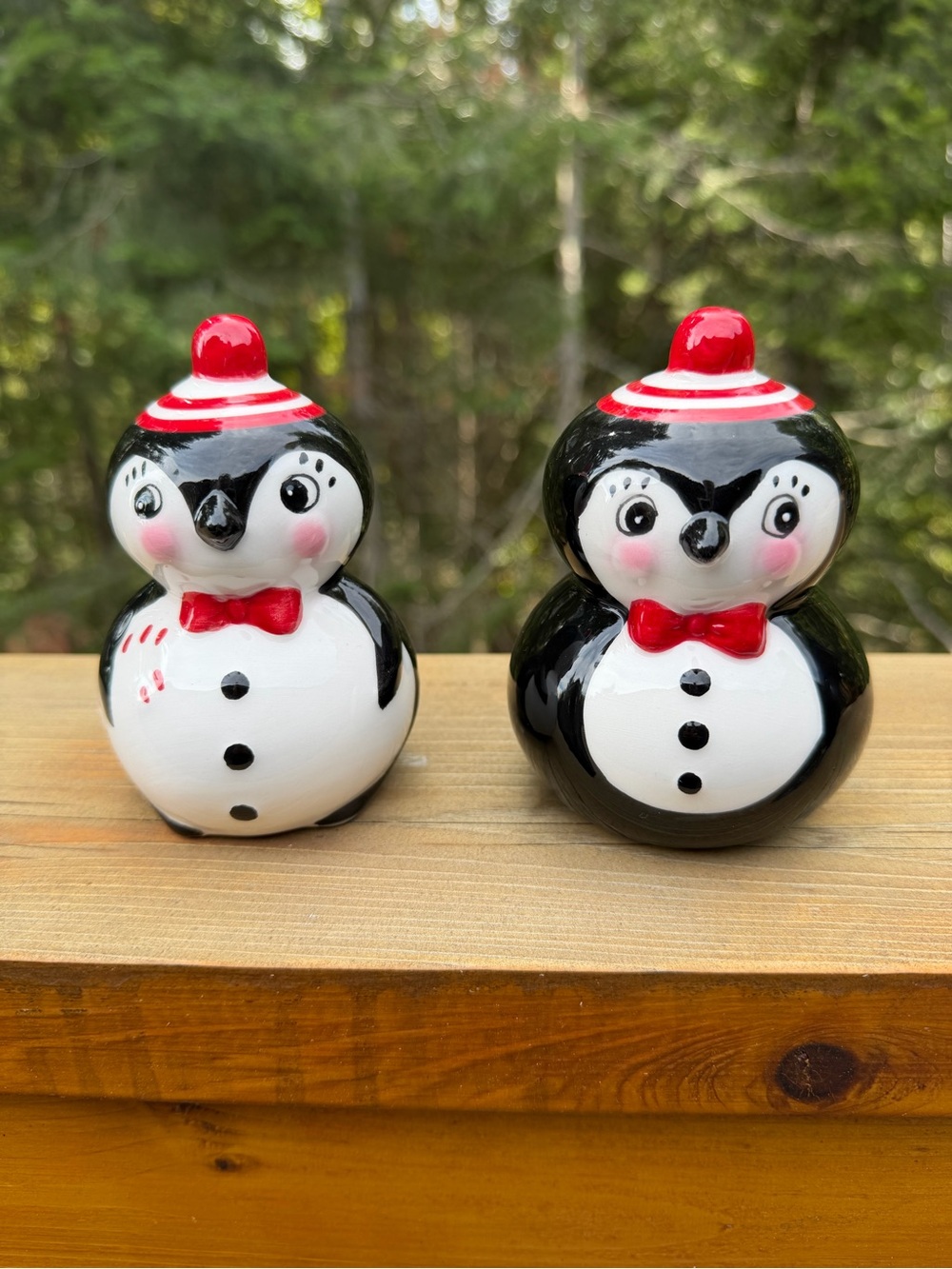 Festive Penguin Ceramic Salt & Pepper Shakers - Black, White & Red